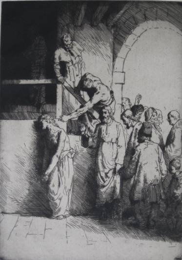 William Strang etching: William Strang (British 1859-1921)- ''The Woman in The Temple'' (Binyon 35)- etching, 1883, signed in pencil, edition of 60, some minor soiling in margins, otherwise very good condition. 10 x 7'' 254