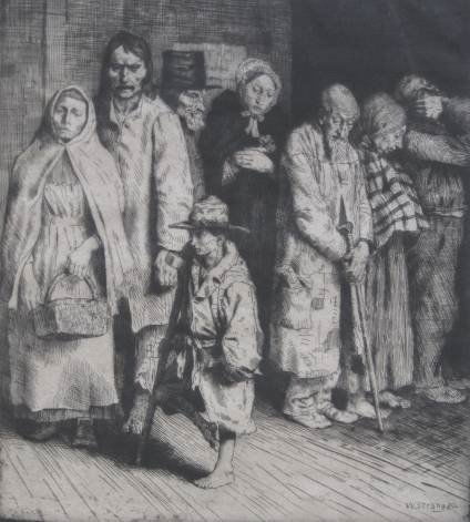 William Strang etching: William Strang (British 1859-1921)- ''The Cause of The Poor'' (Binyon 151)- etching, 1909, signed in pencil, edition of 60, two masking tape hinges along top edge, otherwise very good condition. 9 x 8