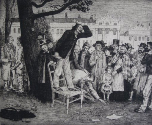 William Strang etching: William Strang (British 1859-1921)- ''Socialists'' (Binyon 188)- etching, 1891, signed in pencil, also signed in pencil by the printer, David Strang, edition of 90, 3 masking tape hinges along top edg