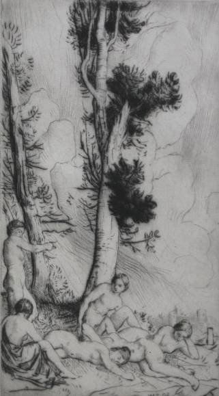 William Strang drypoint: William Strang (British 1859-1921)- ''Summer'' (Binyon 203)- drypoint, 1893, signed in pencil, edition of 25, paper slightly age toned, some foxing in margins, otherwise very good condition. 9 x 5'' 2