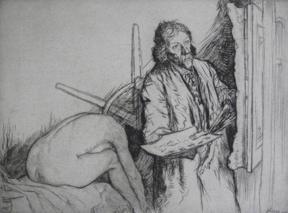 William Strang etching: William Strang (British 1859-1921)- ''The Studio'' (Binyon 524)- etching, 1911, signed in pencil, 3 masking tape hinges along top edge, otherwise very good condition. 10 3/8 x 13 7/8'' 264 x 352 mm