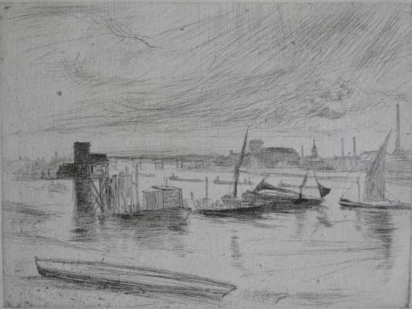 James A. M. Whistler etching: James A. M. Whistler (American 1834-1903)- ''Early Morning Battersea'' (Kennedy 75)- etching, 1859, one of Sixteen Etchings, very good condition. 4 3/8 x 6'' 111 x 152 mm