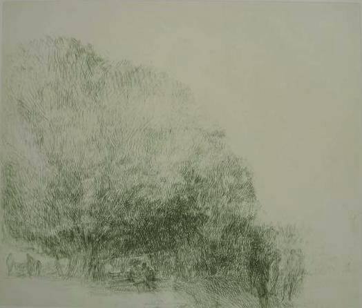 Harold Altman etching: Harold Altman (American 1924-2003)- ''The Park''- etching, signed, titled and numbered 2/100 in pencil, very good condition. 14 « x 17'' 368 x 432 mm