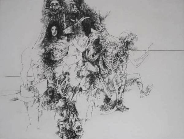 Jack Coughlin etching: Jack Coughlin (American 1932-)- ''Alchemy of Memory''- etching, signed, titled and numbered 19/50 in pencil, paper tape remnants top edge, fold, otherwise very good condition. 17 5/8 x 23 «'' 448 x 5