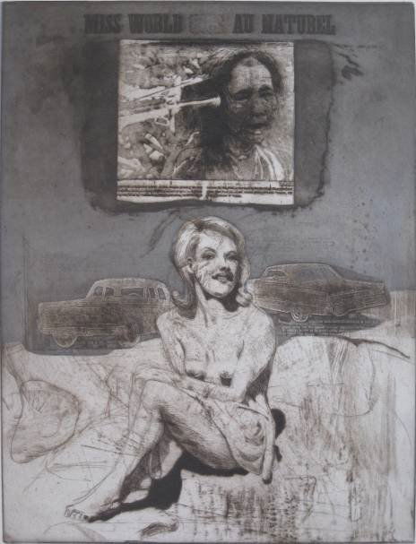 Abner Jonas 3 prints: Abner Jonas (American 1935-)- ''Miss World Goes Nude''; ''Lara''; ''Snowy Yard''- 2 etchings and 1 silkscreen, 1968, 1969, 1971, all signed, titled, dated and numbered in pencil, editions of 20, very
