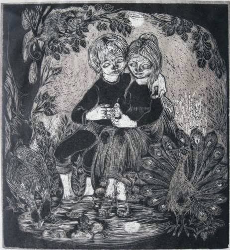 Helen Siegl woodcut: Helen Siegl (American 1924-)- ''The Promise''- woodcut in two colors, signed, titled and numbered 46/60 in pencil, Ferdinand Roten blind stamp lower left, cellophane tape hinges, 4 staples along top e