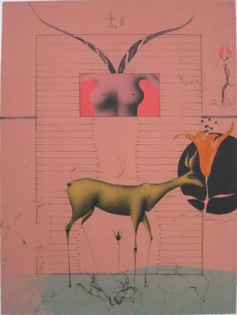 Paul Wunderlich lithograph: Paul Wunderlich (German / French 1927-)- ''Salomo IV 5:.wie zwei junge Rehzeillinge'' (Riediger 363)- lithograph in colors, 1969, published by Aquarius Press, 1970, numbered 228/480 in pencil, tape re
