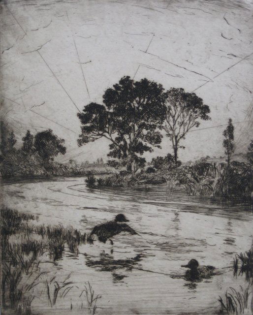 Frank Benson etching: Frank W. Benson (American 1862-1951)- ''The River'' (Paff 90)- etching, 1916, signed in pencil, edition of 104, one tiny nick in lower left corner, some minor spots of foxing. 9 7/8 x 7 7/8'' 251 x 20