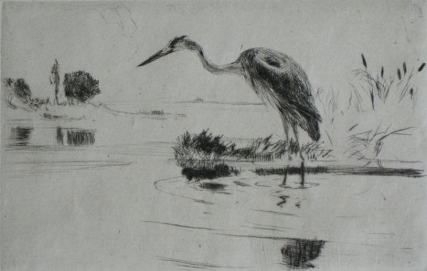 Frank Benson drypoint: Frank W. Benson (American 1862-1951)- ''Heron Fishing'' (Paff 164)- drypoint, 1919, signed in pencil, edition of 150, old masking tape hinges, minor soiling in margins. 3 « x 5 «'' 89 x 140 mm