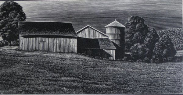 Asa Cheffetz wood engraving: Asa Cheffetz (American 1896-1965)- ''Farm Buildings'' (Springfield 76)- wood engraving, ca. 1945, signe in pencil, published by AAA, slight mat burn, two masking tape hinges along top edge, otherwise