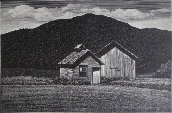 Asa Cheffetz wood engraving: Asa Cheffetz (American 1896-1965)- ''Two Old Timers'' (Springfield 82)- wood engraving, ca. 1947, signed in pencil, published by AAA, slightly light struck, 2 masking tape hinges along top edge, other