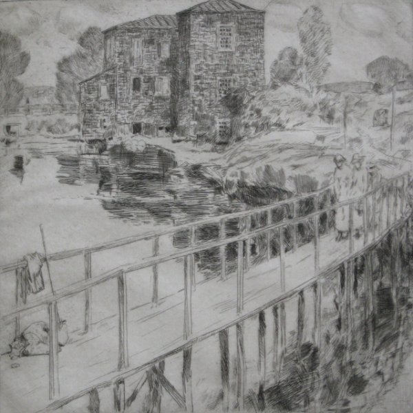 Childe Hassam etching: Childe Hassam (American 1859-1935)- ''Water Mill'' (Cortissoz 137)- etching, 1917, signed with cipher in pencil, some ink stains in margins, 2 old blue masking tape hinges along top edge, otherwise ve