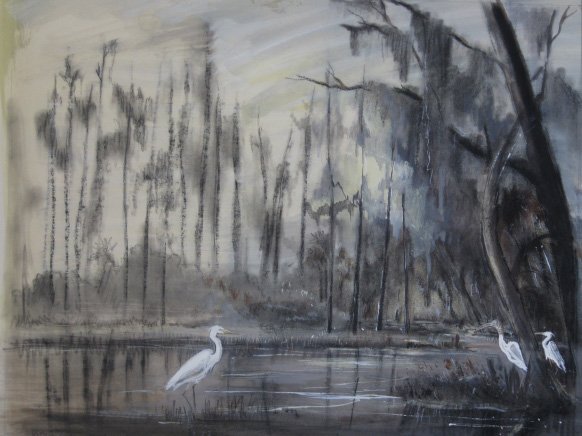 Victoria H. Huntley watercolor and drawing: Victoria Hutson Huntley (American 1900-1971)- ''Florida Swamp No. II''- watercolor, gouache and crayon on paper, 1947, signed and dated lower left, titled lower left corner and annotated ''Florida Swa