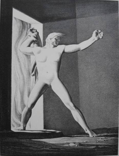 Rockwell Kent lithograph: Rockwell Kent (American 1882-1971)- ''Beowulf: Beowulf'' (Burne-Jones 72)- lithograph, 1931, signed in pencil, edition of 150, two old masking tape hinges along top edge, otherwise very good condition
