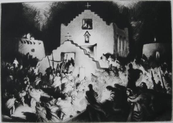 Gene Kloss drypoint: Gene Kloss (American 1903-1996)- ''Processional - Taos'' (Kloss 431)- drypoint, 1948, signed and titled in pencil, blindstamp of the Society of Print Connoiseurs lower left, water stain lower right co