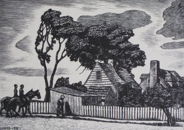 Julius J. Lankes woodcut: Julius J. Lankes (American 1884-1960)- ''Southern Scene''- woodcut, 1932, signed, titled and numbered 'No. 156/200' in pencil, 1st Presentation Print for The Woodcut Society, two old masking tape hing