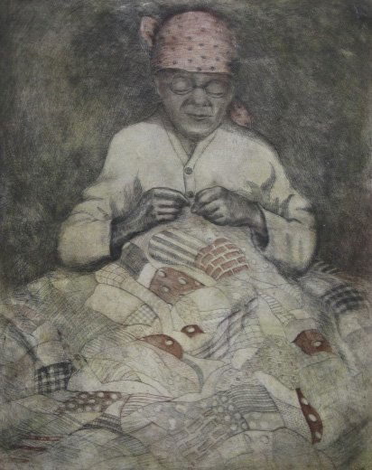 Grace Leonard 4 etchings: Grace Leonard (American 20th c.)- ''The Crazy Quilt''; ''Late Summer Bouquet''; ''Polly''; ''Shadows of The Evening''- 4 etchings in colors, all signed, titled and numbered in pencil, editions of 25 a