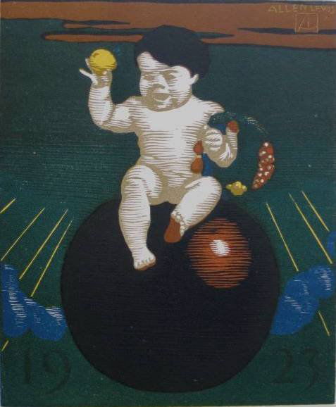 Allen Lewis woodcut in colors: Allen Lewis (American 1873-1957)- Child on Orb- woodcut in colors, published by The March Banks Press New York, one spot foxing, otherwise very good condition. 10 1/8 x 8 3/4'' 257 x 222 mm