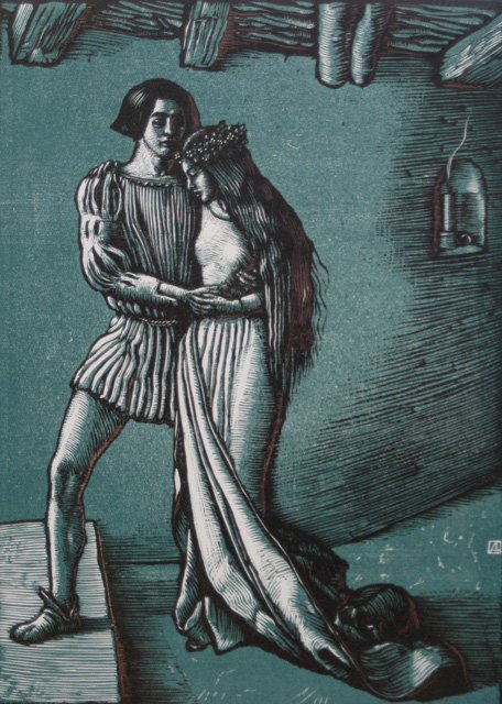 Allen Lewis 2 wood engravings: Allen Lewis (American 1873-1957)- Young Lovers and Winter- 2 wood engravings in colors, both signed and numbered in pencil, editions of 100 each, both tipped at 4 corners with masking tape, otherwise 