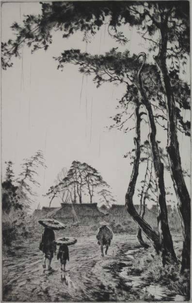 Martin Lewis drypoint and sand ground: Martin Lewis (American 1881-1962)- ''Clearing Rain, Evening, Japan'' (Mc Carron 59)- drypoint and sandground, 1927, signed in pencil, edition of 72, two masking tape hinges along top edge, otherwise v