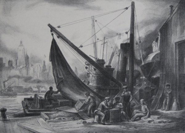 Charles Locke lithograph: Charles Locke (American 1899-1993)- ''Waterfront''- lithograph, 1938, signed in pencil, edition of 203, illustrated in One Hundred Prints by 100 Artists of The Arts Students League of New York 1875-19