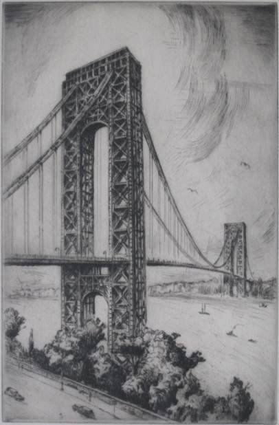 Nat Lowell etching: Nat Lowell (American 1880-1956)- Bridge- etching, signed in pencil, mat burn, otherwise very good condition. 13 _ x 8 5/8'' 349 x 219 mm