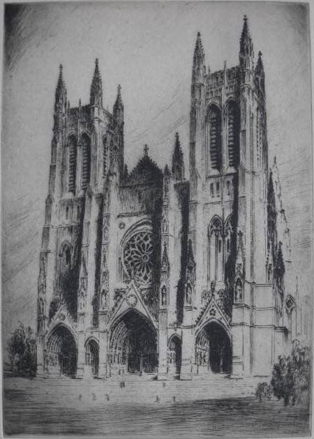 Nat Lowell etching: Nat Lowell (American 1880-1956)- Cathedral- etching, signed in pencil, mat burn and light struck. 12 7/8 x 9'' 327 x 229 mm