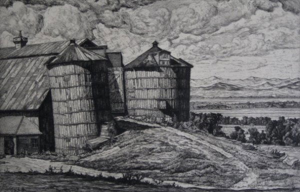 Luigi Lucioni etching: Luigi Lucioni (American 1900-1988)- ''Pillars of Vermont'' (Embury 62)- etching, 1938, signed in pencil, edition of 211, The Print Club of Cleveland publication no. 20, very good condition. 7 1/8 x 11