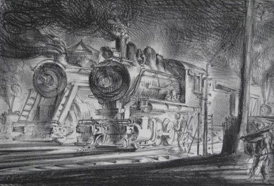 Reginald Marsh lithograph: Reginald Marsh (American 1898-1954)- ''Switch Engines, Erie Yards'' (Sasowsky 30)- lithograph, 1948, signed in pencil, edition of 253 plus 10, The Print Club of Cleveland publication no. 25, Print Clu
