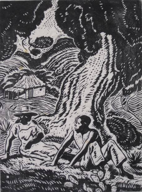C. B. Mills linocut: C. B. Mills (American 20th c.)- ''Haitian Scene''- linocut, signed, titled and inscribed 'To Norman Kent from C. B. Mills' in pencil, one spot of stain in right margin. 12 x 8 7/8'' 305 x 225 mm