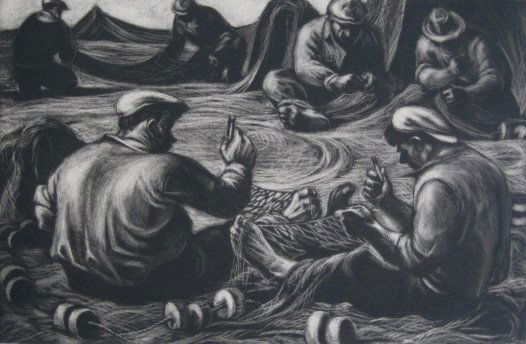 Robert Von Neumann lithograph: Robert Von Neumann (American 1888-1976)- ''The Six Net Menders''- lithograph, signed and titled in pencil, minor foxing in margins and verso, 2 old masking tape hinges along top edge, verso toned from