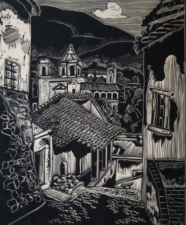 Carl Pappe woodcut: Carl Pappe (American 1900-1998)- ''Callee Humboldt, Taxco''- woodcut, signed, titled and numbered 1/12 in pencil, also annotated 'For Miss Mercer Sincerely Carl Pappe' in pencil, very slightly light s