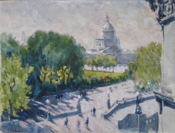 Joseph Pennell watercolor and gouache: Joseph Pennell (American 1857-1926)- ''Washington D. C.''- watercolor and gouache on paper, 1912, signed J. Pennell in pencil lower left, very good condition. 9 x 11 5/8'' 229 x 295 mm