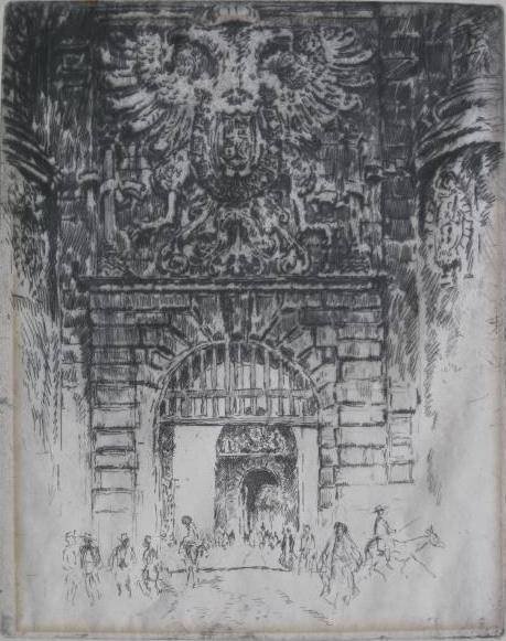 Joseph Pennell etching: Joseph Pennell (American 1857-1926)- ''Puerta Visagara, Gate of Madrid'' (Wuerth 317)- etching, 1904, annotated 'Printed By and From The Collection of Frederick Goulding' in pencil, edition of about 3