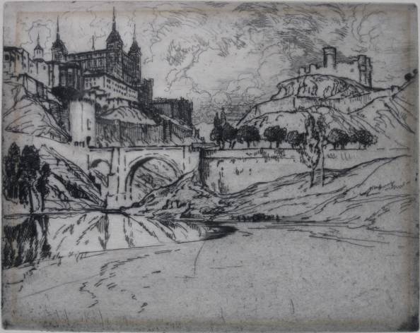 Joseph Pennell etching: Joseph Pennell (American 1857-1926)- ''The Alcazar, Toledo'' (Wuerth 318)- etching, 1904, annotated 'Printed by and from The Collection of Frederick Goulding' in pencil, mat burn in image, 3 paper tap