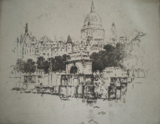 Joseph Pennell etching: Joseph Pennell (American 1857-1926)- ''St. Paul's Over Temple Stairs'' (Wuerth 380)- etching, 1905, a few minor spots of foxing, otherwise very good condition. 11 x 8'' 279 x 203 mm