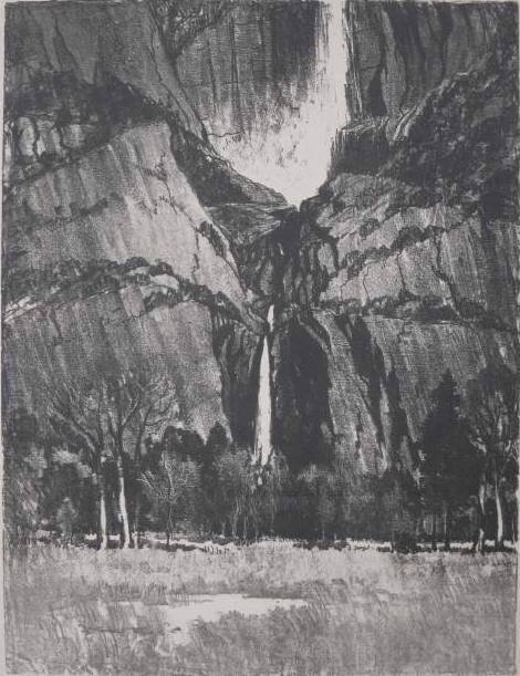 Joseph Pennell lithograph: Joseph Pennell (American 1857-1926)- ''Lower Falls, Yosemite'' (Wuerth 256)- lithograph, 1912, signed in pencil, edition of 25, very good condition. 22 « x 17'' 572 x 432 mm