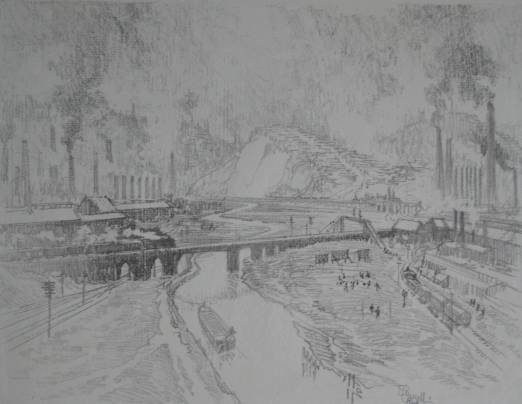 Joseph Pennell lithograph: Joseph Pennell (American 1857-1926)- ''Munitions Town'' (Wuerth 431)- lithograph, 1916, signed in pencil, edition of 50, two blue masking tape hinges along the top, otherwise very good condition. 15 3