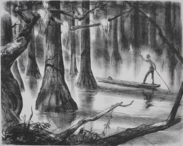 Henry Pitz lithograph: Henry C. Pitz (American 1895-1979)- Swamp Land- lithograph, signed and inscribed 'To Norman with all good wishes', very slightly light struck, 4 paper tape hinges at the corners, otherwise very good c