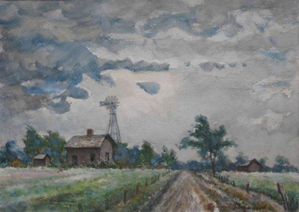 Grant Reynard watercolor: Grant Reynard (American 1887-1968)- ''Storm Light, Nebraska''- watercolor on paper, ca. 1930, signed Grant Reynard in watercolor, and inscribed 'to Sam Greenwood, Berea 1952' in pen. 9 7/8 x 13 3/4''