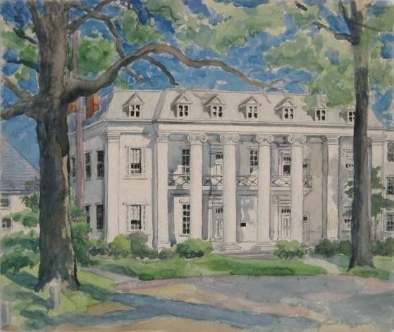 Grant Reynard watercolor: Grant Reynard (American 1887-1968)- ''Founder's Hall, Athens College, Athens, Alabama''- watercolor on paper, signed, Grant Rreynard lower right, signed and titled verso, very good condition. 15 x 17