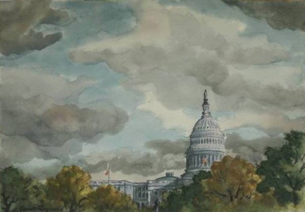 Grant Reynard watercolor: Grant Reynard (American 1887-1968)- ''The Capitol Above Trees''- watercolor on paper, signed Grant Reynard lower left, signed, titled and annotated 'Painted in Washington DC' in pencil. 13 3/4 x 19 3/