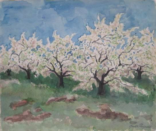 Grant Reynard watercolor: Grant Reynard (American 1887-1968)- ''Apple Blossoms, Near Shoreham Vermont''- watercolor on paper, signed Grant Reynard lower right, signed and titled on verso. 14 x 17'' 356 x 432 mm