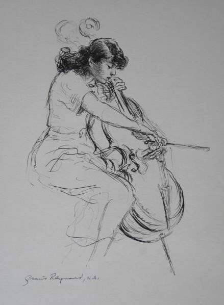 Grant Reynard 3 drawings: Grant Reynard (American 1887-1968)- 3 drawings- ''Girl Cellist''- pen and ink on illustration board, signed in pen lower left, signed and titled verso, very minor soiling, otherwise very good conditio