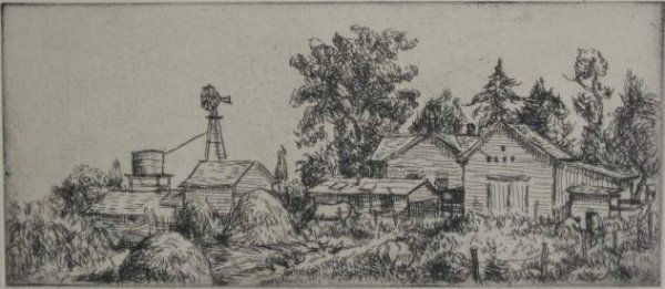 Grant Reynard etching: Grant Reynard (American 1887-1968)- ''A Nebraska Farm''- etching, ca. 1931, signed and annotated '(First State of Two States)' and inscribed 'To Sam Greenwood' in pencil, two masking tape hinges along