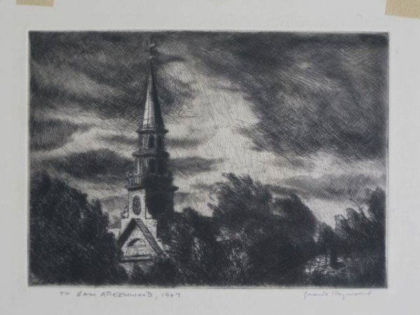 Grant Reynard 7 etchings: Grant Reynard (American 1887-1968)- ''Dover Church Spire''- 7 etchings (states 1-6 and final), 1947, all signed in pencil, some are inscribed 'to Sam Greenwood', masking tape hinges along top edge, ot