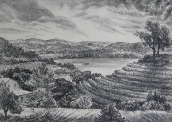 Grant Reynard lithograph: Grant Reynard (American 1887-1968)- ''The Hudson at Marlborough''- lighograph, 1947, signed, dated, titled and annotated '50 prints' and inscribed 'to Sam Greenwood' in pencil, two old masking tape hi