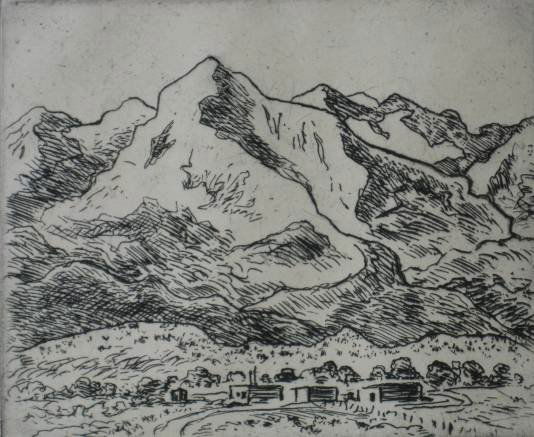 Grant Reynard etching: Grant Reynard (American 1887-1968)- ''Rocky Mountains, Fort Garand''- etching, 1952, signed and inscribed 'To Sam Greenwood - 1953' in pencil, masking tape hinges, otherwise very good condition. 4 7/8