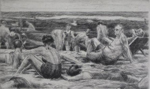 Grant Reynard 7 drawings and 5 etchings: Grant Reynard (American 1887-1968)- ''The Beach''- 7 graphite drawings and 5 etchings including 1st - 4th states and final edition, all signed and inscribed to 'Sam Greenwood' in pencil, all have mask