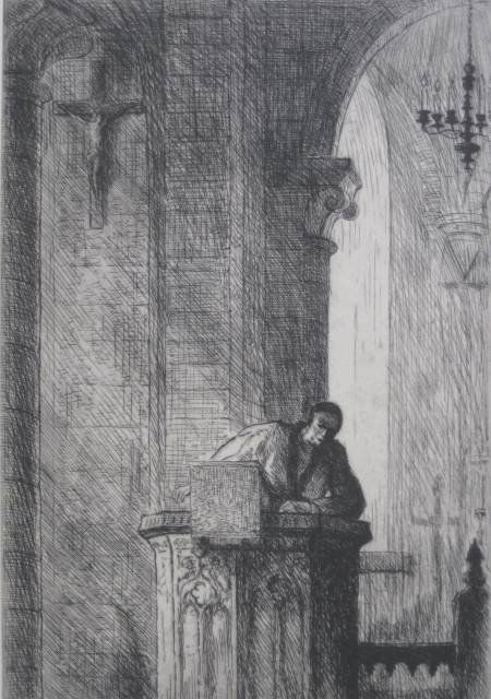 Grant Reynard etching: Grant Reynard (American 1887-1968)- ''The Sermon''- etching, signed and inscribed 'To Sam Greenwood', 'The Sermon' and 'In Episcopalian Church at Petersboro N. H.' in pencil, 2 masking tape hinges, ot